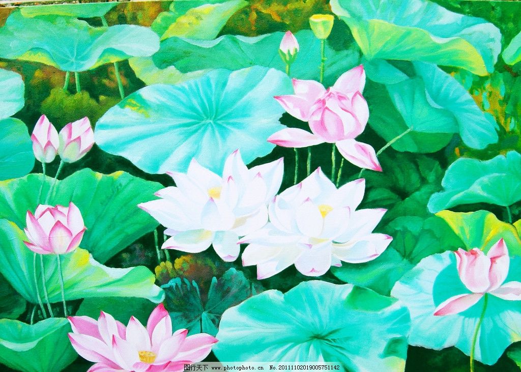油画荷花 风景画 油画 艺术作品 荷花 荷塘 荷叶 绘画书法 文化艺术图片