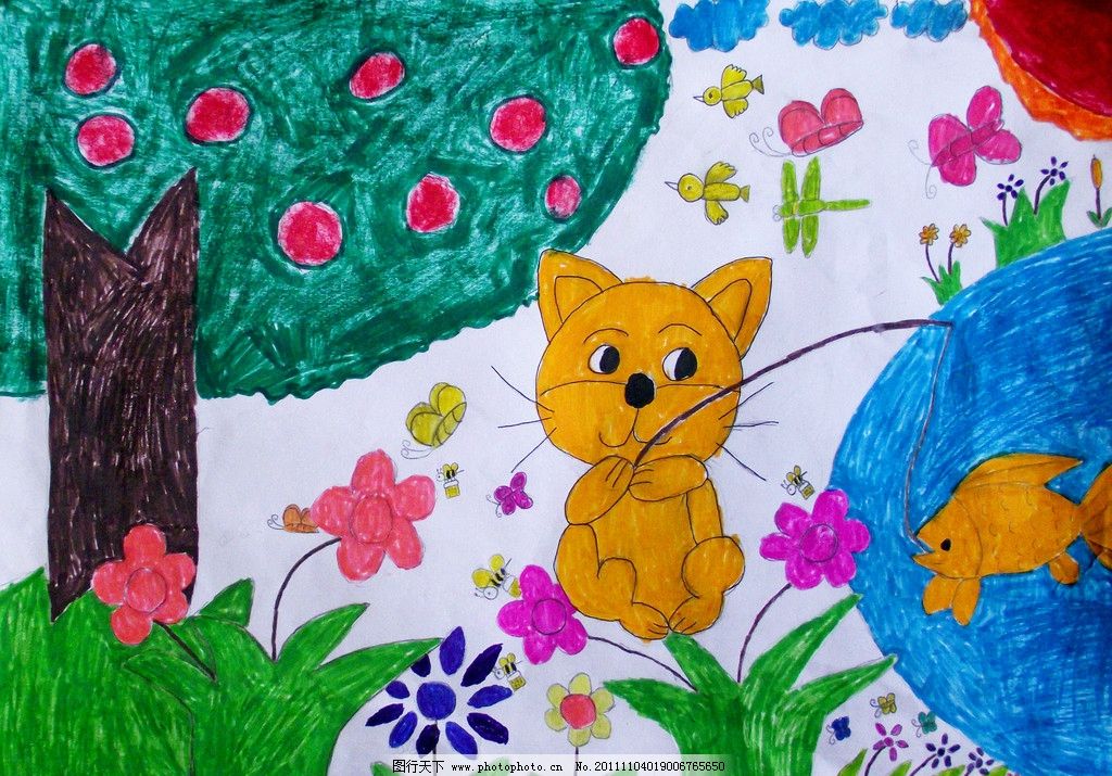 小猫钓鱼 美术 绘画 儿童画 动物画 小猫 钓鱼 草地 水塘 果木 花朵 小鸟 蜻蜓 蝴蝶 儿童画作品 绘画书法 文化艺术 设计 72DPI JPG