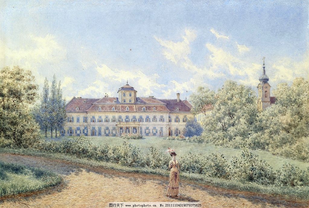 水彩建筑插画 水彩 建筑 风景 插画 18至19世纪 欧式 庭院 屋顶 手绘