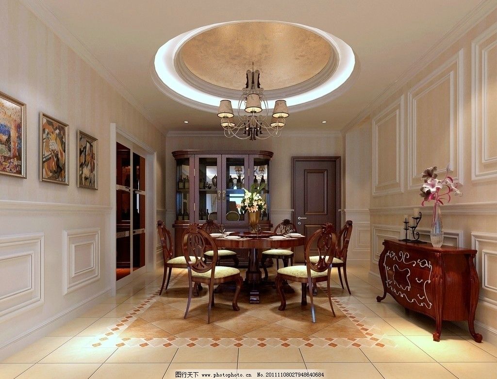餐厅效果图 欧式风格 吊灯 壁画 餐桌 餐具 室内设计 环境设计 设计 7