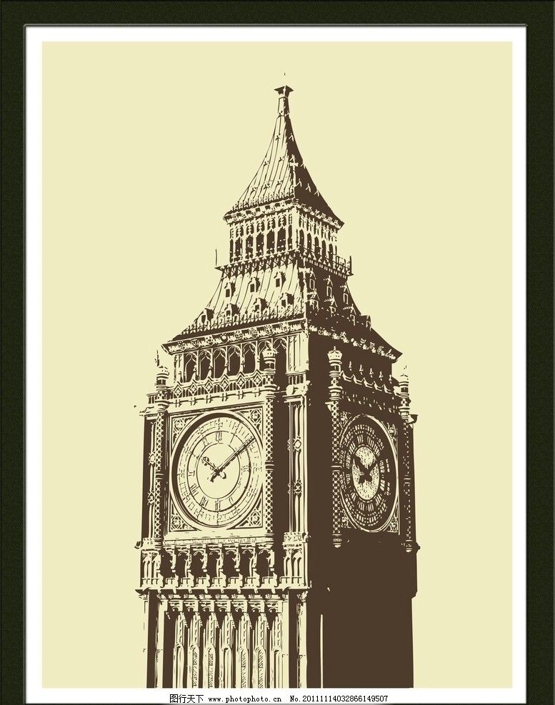 欧洲建筑 大本钟 英国建筑 建筑装饰画 古建筑 欧洲古建筑 黑白建筑