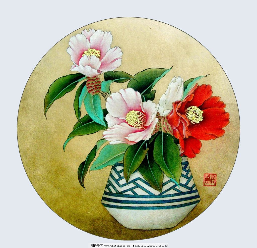 美术 绘画 中国画 工笔画 花卉画 花木 花朵 山茶花 花瓶 国画艺术