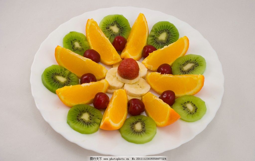 水果拼盘,水果盘,水果,拼盘,果盘,盘子,橙子瓣,切开橙子,弥猴桃片,樱桃,香蕉,香蕉片,生物世界,摄影,300DPI,JPG